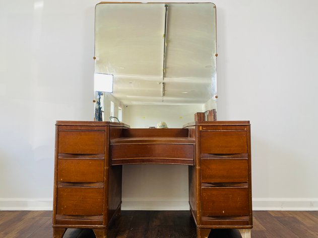 Image for Vintage Walnut Vanity Style Desk with Detachable Mirror