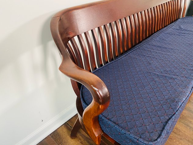 Image for 1930's W. H. Gunlocke Oak Courthouse Bench with Upholstered Cushion Seat