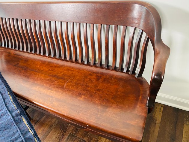 Image for 1930's W. H. Gunlocke Oak Courthouse Bench with Upholstered Cushion Seat