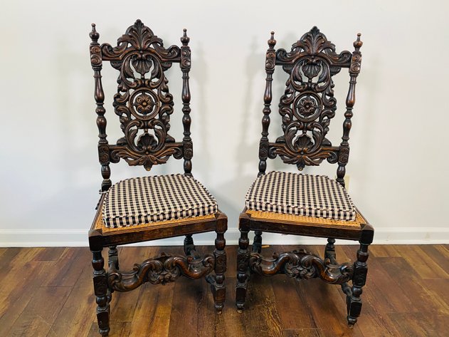 Image for Pair of Antique Jacobean Style Carved Oak Cane Bottom Dining Chairs