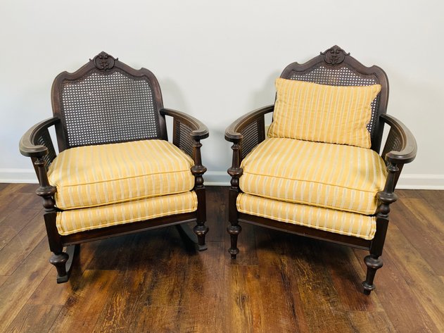 Image for Antique Edwardian Style, Original Finish Double Ratan Walnut Rocking and Matching Arm Chair
