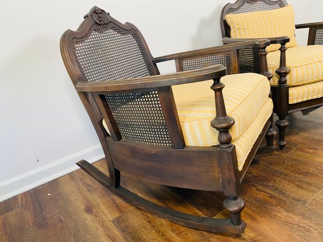 Image for Antique Edwardian Style, Original Finish Double Ratan Walnut Rocking and Matching Arm Chair