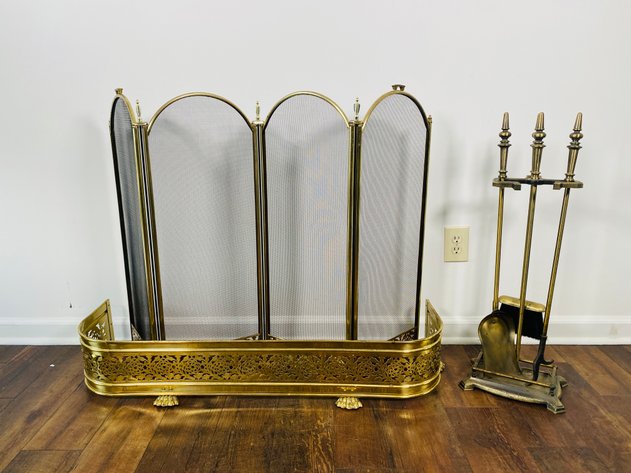 Image for (3) Piece Antique Fireplace Set, Including Brass Fender, Screen and Accessory Set