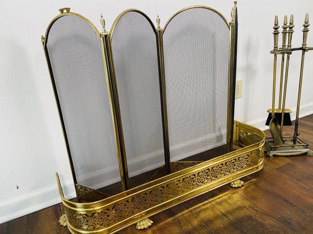 Image for (3) Piece Antique Fireplace Set, Including Brass Fender, Screen and Accessory Set