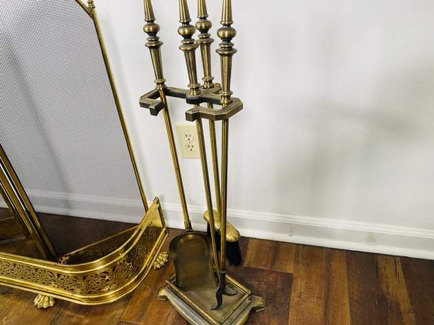 Image for (3) Piece Antique Fireplace Set, Including Brass Fender, Screen and Accessory Set