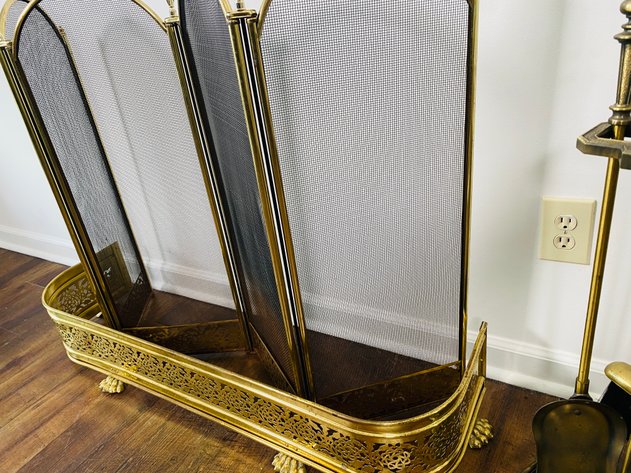 Image for (3) Piece Antique Fireplace Set, Including Brass Fender, Screen and Accessory Set