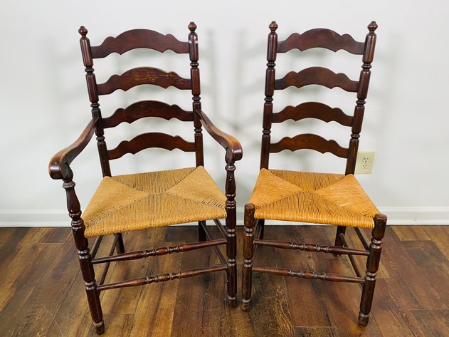 Image for (2) Antique Ladder Back Dining Chairs with Rattan Seats, (1) Captain Arm Chair
