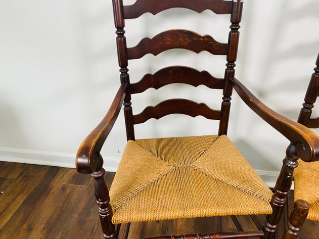 Image for (2) Antique Ladder Back Dining Chairs with Rattan Seats, (1) Captain Arm Chair