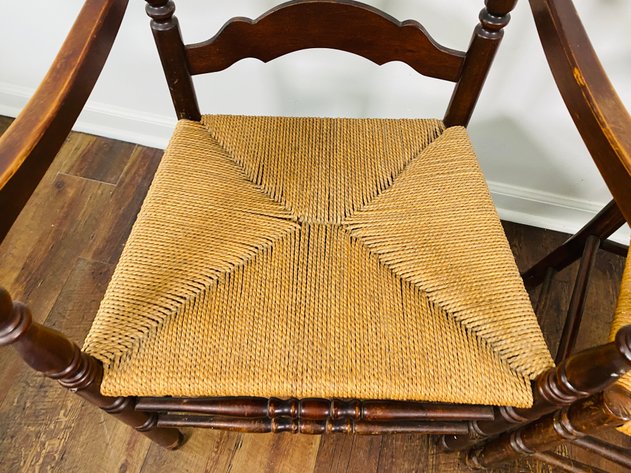 Image for (2) Antique Ladder Back Dining Chairs with Rattan Seats, (1) Captain Arm Chair