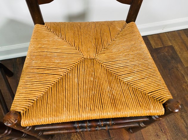Image for (2) Antique Ladder Back Dining Chairs with Rattan Seats, (1) Captain Arm Chair