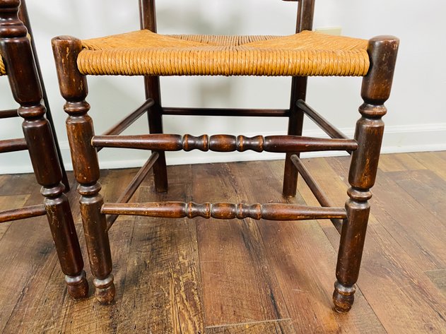 Image for (2) Antique Ladder Back Dining Chairs with Rattan Seats, (1) Captain Arm Chair