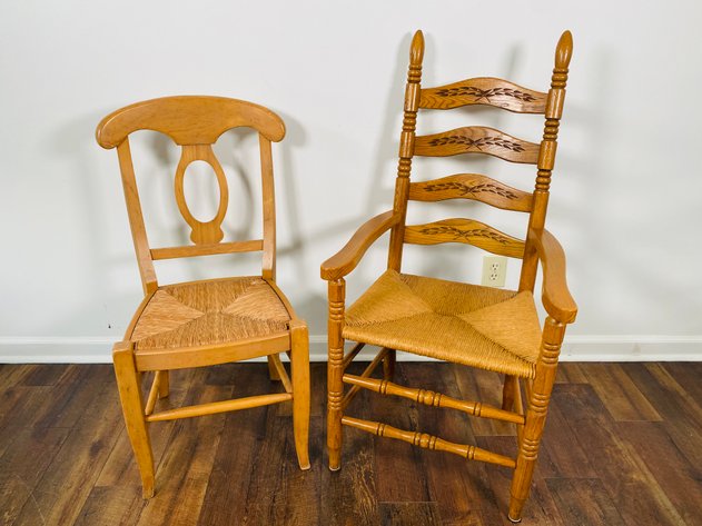 Image for (2) Vintage Oak Dining Chairs, with Rattan Bottoms