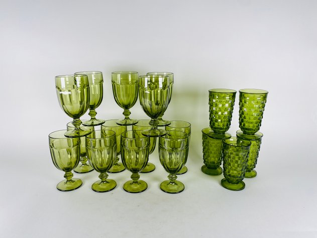 Image for (18) Vintage Green Glassware Including (13) Libbey Gibraltar Goblets & (5) Indiana Glass Whitehall Cubist Footed Glasses