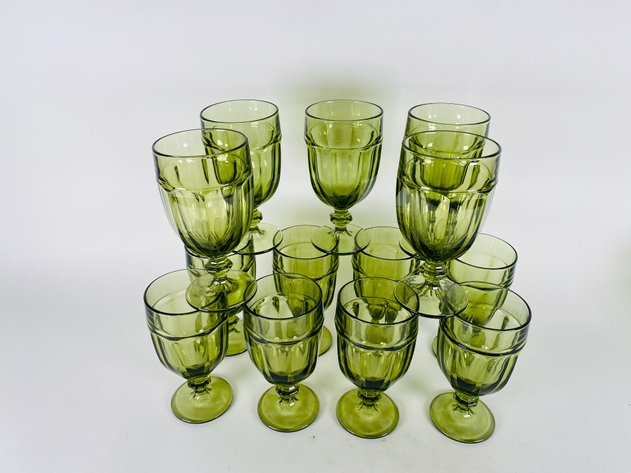 Image for (18) Vintage Green Glassware Including (13) Libbey Gibraltar Goblets & (5) Indiana Glass Whitehall Cubist Footed Glasses
