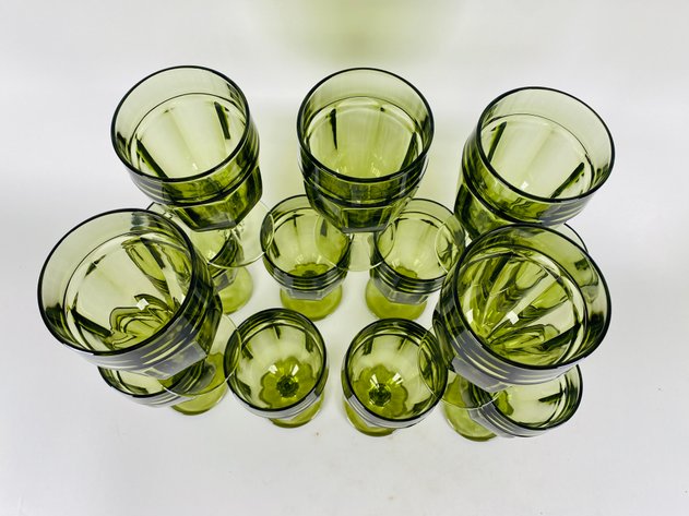 Image for (18) Vintage Green Glassware Including (13) Libbey Gibraltar Goblets & (5) Indiana Glass Whitehall Cubist Footed Glasses