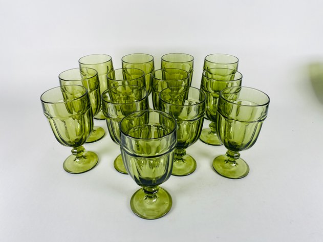 Image for (18) Vintage Green Glassware Including (13) Libbey Gibraltar Goblets & (5) Indiana Glass Whitehall Cubist Footed Glasses