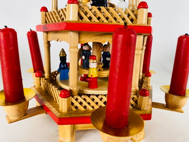 Image for (10+) Vintage Wooden German Christmas Pyramid Carousel & Partial Set of Anchor Hocking 12 Days of Christmas Glasses