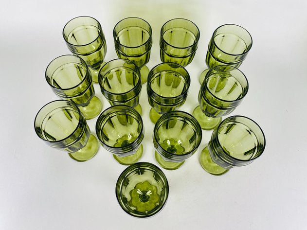 Image for (18) Vintage Green Glassware Including (13) Libbey Gibraltar Goblets & (5) Indiana Glass Whitehall Cubist Footed Glasses