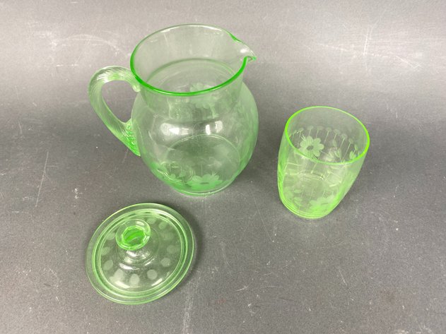 Image for (3) Pieces of Vintage Uranium Glass Including Tiffin Etched Floral Water Pitcher and Glass and Large Divided Condiment Dish