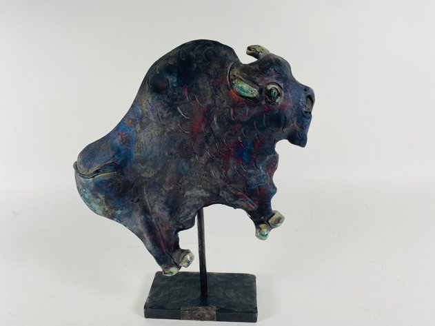 Image for RAKU Buffalo Figurine Made of Baked Clay, In a Bed of Flowers