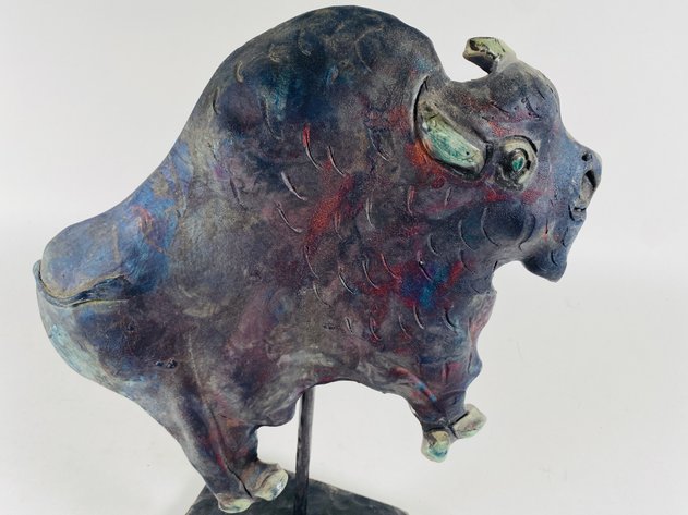 Image for RAKU Buffalo Figurine Made of Baked Clay, In a Bed of Flowers