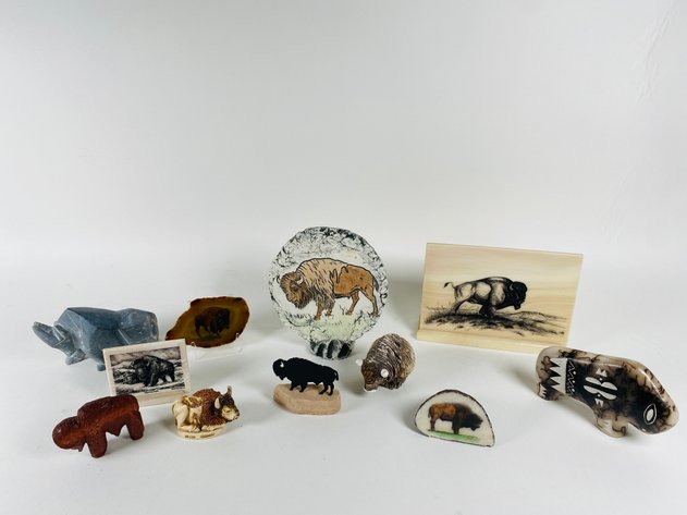 Image for (11) Piece Collection of Buffalo Art, Including Hand Made Navajo Art, Hand Carved Tusk, Geodes and More!