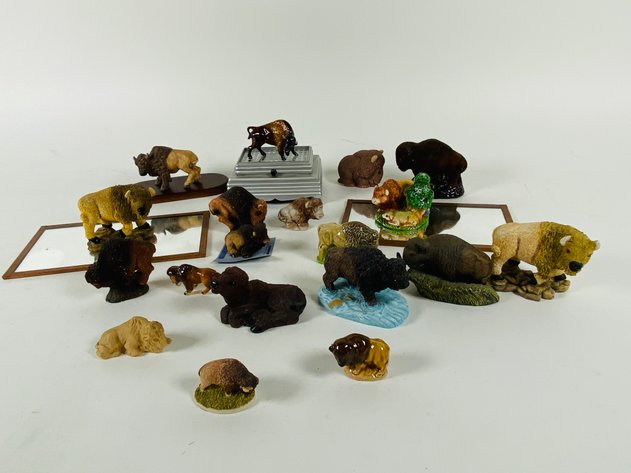 Image for Assortment of (22) Ceramic and Resin Buffalo Figurines and Display Risers