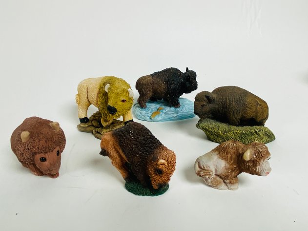 Image for Assortment of (22) Ceramic and Resin Buffalo Figurines and Display Risers
