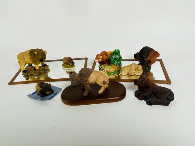 Image for Assortment of (22) Ceramic and Resin Buffalo Figurines and Display Risers