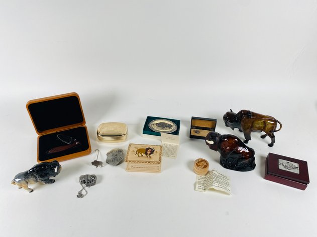 Image for (13) Piece Assortment of Buffalo Themed Jewelry, Belt Buckles, Figurines and Trinket Boxes