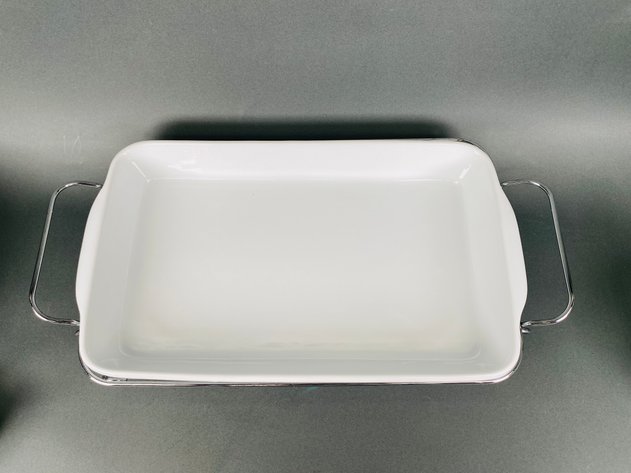 Image for White Casserole Dish with Chrome Holder, (4) Modern Bowls, Sugar Packet Holder, Round Corning Ware Casserole, (4) Butter Pats, (6) White Ceramic Napkin Rings, and Round Condiment Bowl