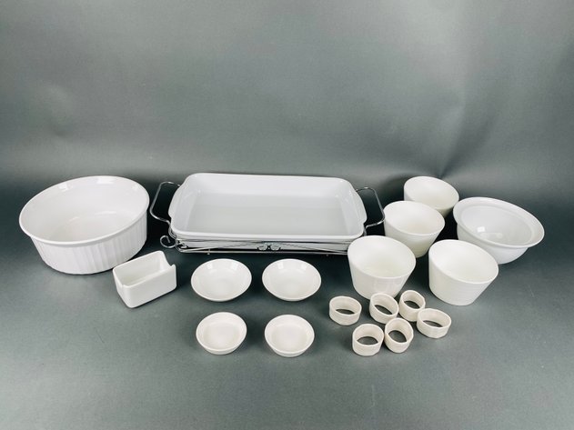 Image for White Casserole Dish with Chrome Holder, (4) Modern Bowls, Sugar Packet Holder, Round Corning Ware Casserole, (4) Butter Pats, (6) White Ceramic Napkin Rings, and Round Condiment Bowl