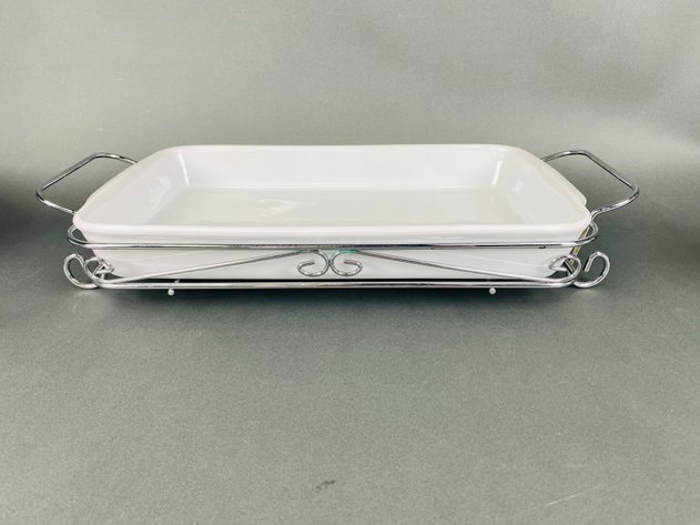 Image for White Casserole Dish with Chrome Holder, (4) Modern Bowls, Sugar Packet Holder, Round Corning Ware Casserole, (4) Butter Pats, (6) White Ceramic Napkin Rings, and Round Condiment Bowl