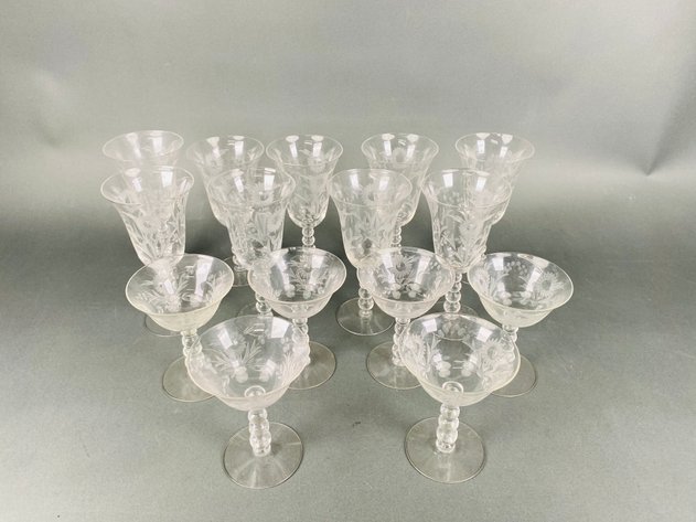 Image for Imperial Glass Floral Cut (9) Water Goblets and (6) Champagne Glasses