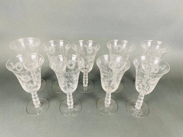 Image for Imperial Glass Floral Cut (9) Water Goblets and (6) Champagne Glasses