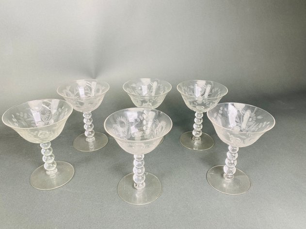 Image for Imperial Glass Floral Cut (9) Water Goblets and (6) Champagne Glasses