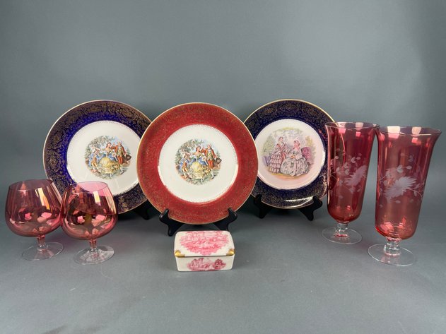 Image for Imperial Salem China Plates, Vintage Cranberry Glass Vases, Vintage Royal China Trinket Box with Small Storage Trays and Pink Iridescent Glass Brandy Snifters