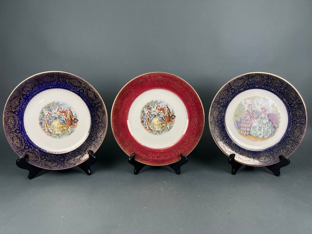 Image for Imperial Salem China Plates, Vintage Cranberry Glass Vases, Vintage Royal China Trinket Box with Small Storage Trays and Pink Iridescent Glass Brandy Snifters