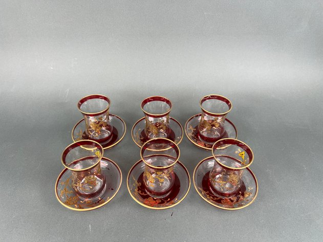 Image for Vintage Turkish Cranberry with Gold Trim Drinking Glasses and Saucers and Arabic Coffee Cups with Blue and Gold Design