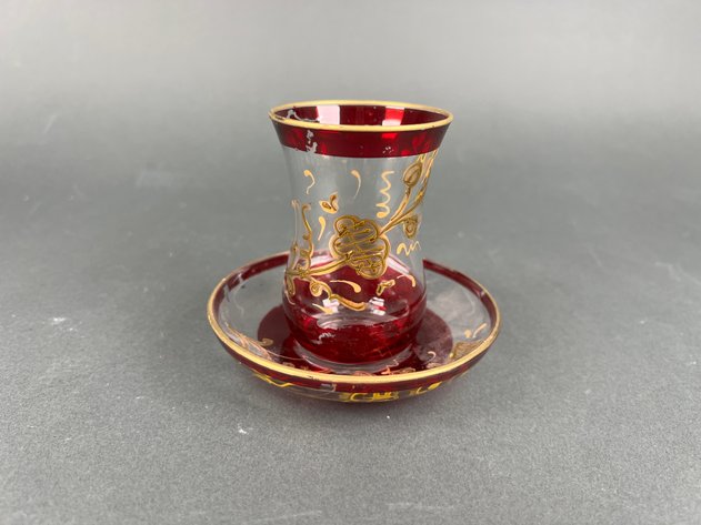 Image for Vintage Turkish Cranberry with Gold Trim Drinking Glasses and Saucers and Arabic Coffee Cups with Blue and Gold Design