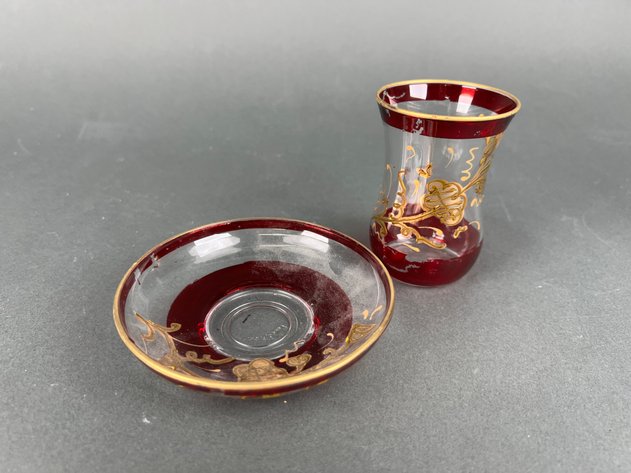 Image for Vintage Turkish Cranberry with Gold Trim Drinking Glasses and Saucers and Arabic Coffee Cups with Blue and Gold Design