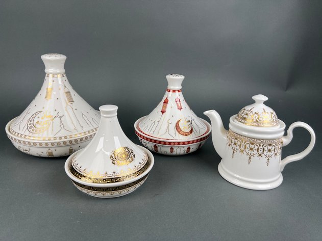 Image for Assorted Sizes of Decorative Ceramic Moroccan Tagine Serving Dishes and White Porcelain Teapot