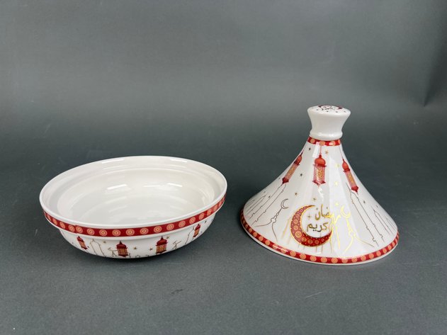 Image for Assorted Sizes of Decorative Ceramic Moroccan Tagine Serving Dishes and White Porcelain Teapot