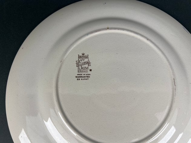 Image for Imperial Salem China Plates, Vintage Cranberry Glass Vases, Vintage Royal China Trinket Box with Small Storage Trays and Pink Iridescent Glass Brandy Snifters