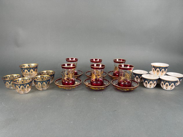 Image for Vintage Turkish Cranberry with Gold Trim Drinking Glasses and Saucers and Arabic Coffee Cups with Blue and Gold Design