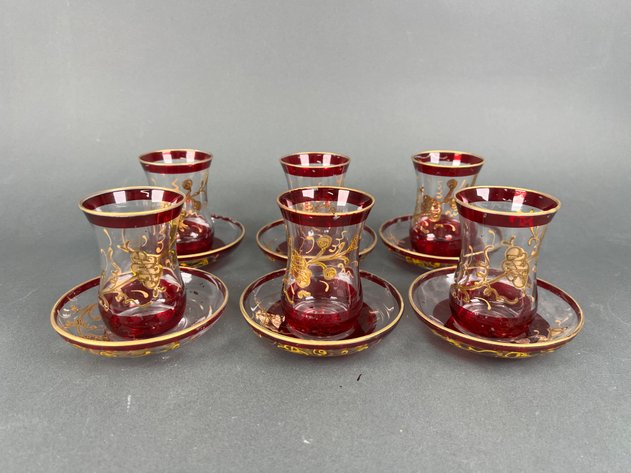 Image for Vintage Turkish Cranberry with Gold Trim Drinking Glasses and Saucers and Arabic Coffee Cups with Blue and Gold Design