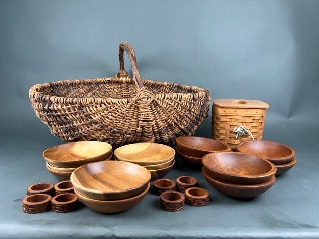 Image for Assorted Wooden Bowls, Basket , Tissue Holder and Napkin Rings