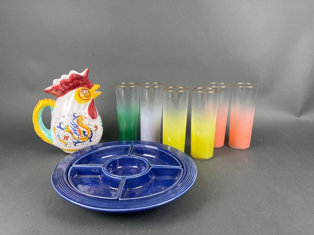 Image for Fiesta Cobalt Blue Relish Dish, Ceramic Rooster Pitcher and Multi Colored Collins Glasses