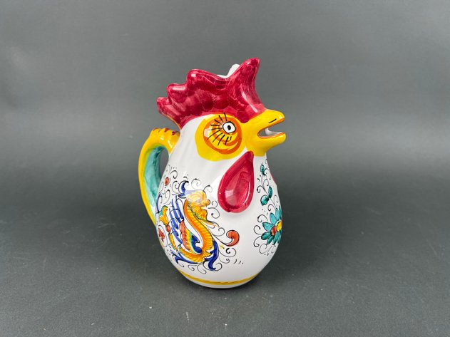 Image for Fiesta Cobalt Blue Relish Dish, Ceramic Rooster Pitcher and Multi Colored Collins Glasses