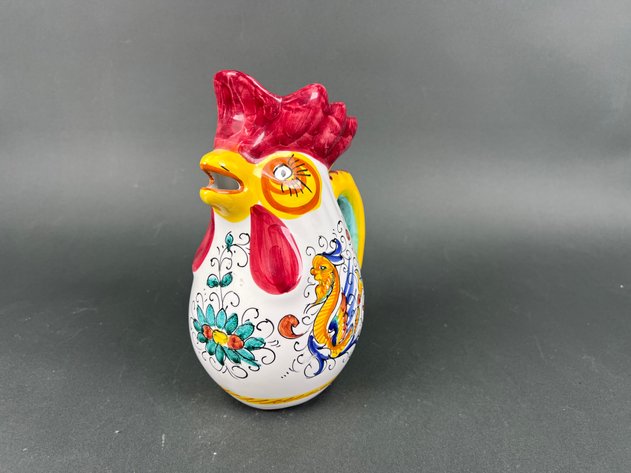 Image for Fiesta Cobalt Blue Relish Dish, Ceramic Rooster Pitcher and Multi Colored Collins Glasses